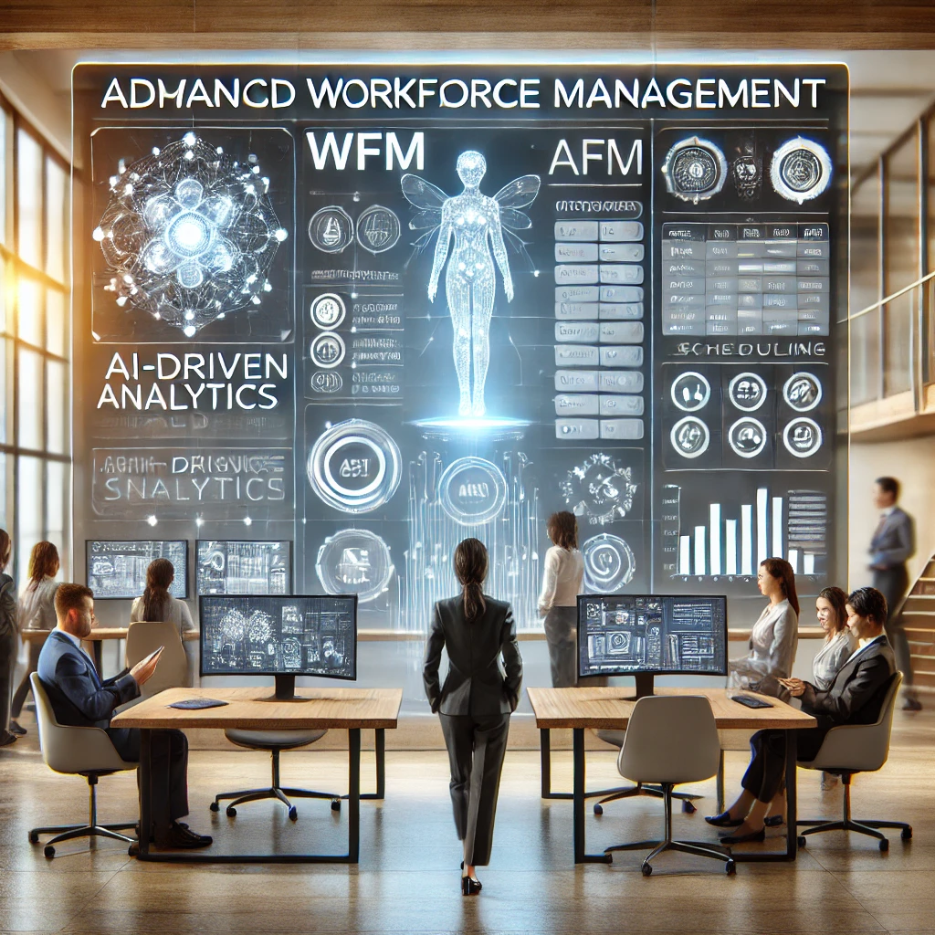 A futuristic office environment showcasing an advanced Workforce Management, WFM, system.